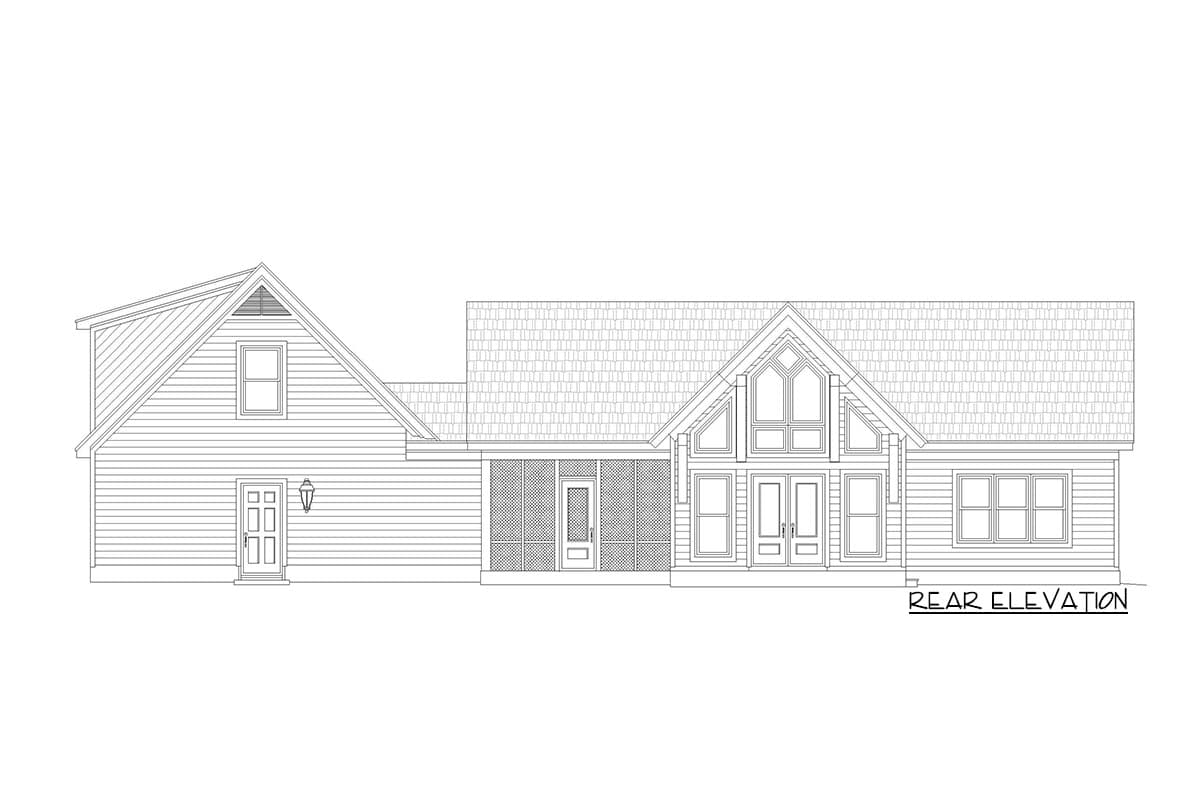 Rear elevation house plan: two-story section with dormer, screened porch, and central section with vaulted window facade.