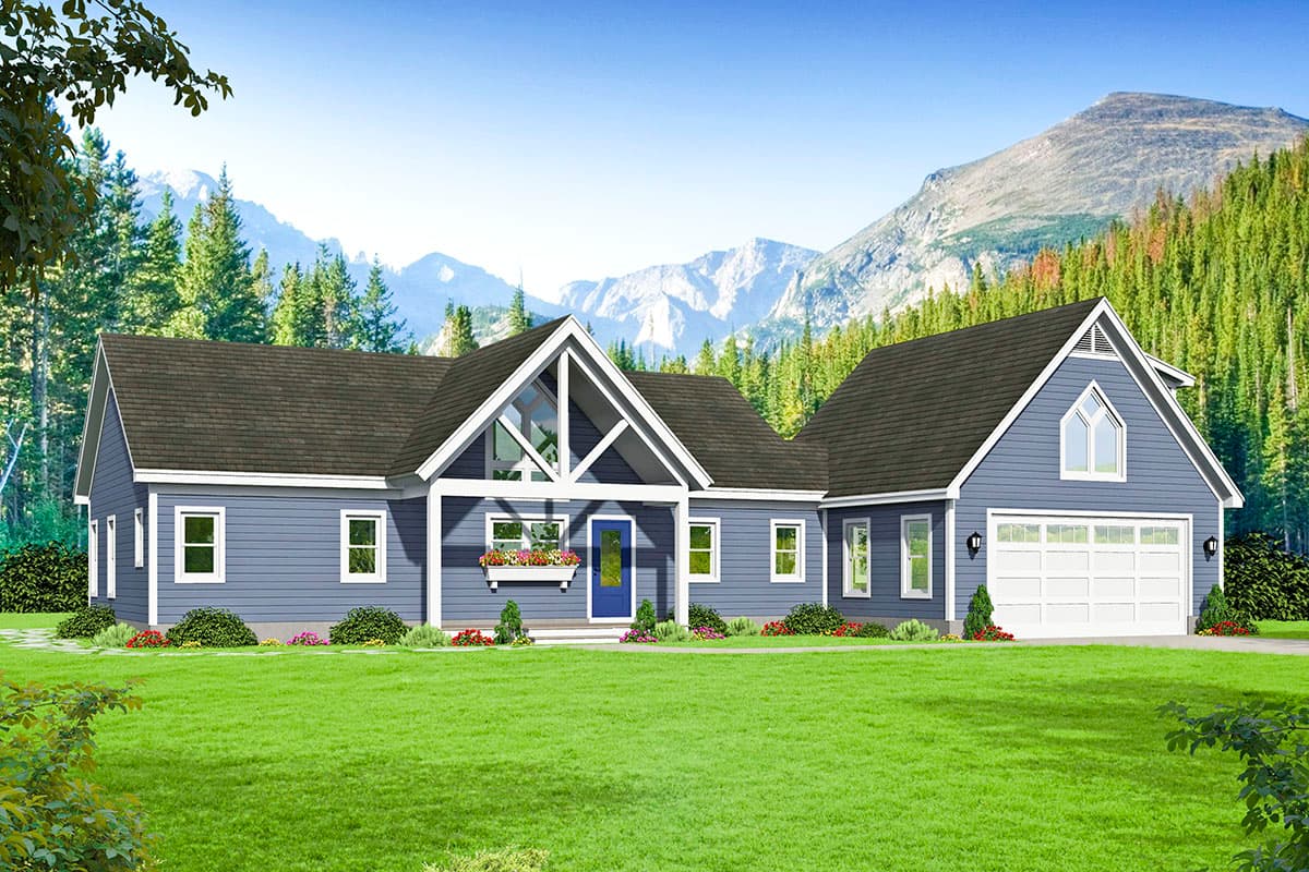 House plan exterior with two stories, gabled roof, and a front porch. Features include a garage and a dormer window.