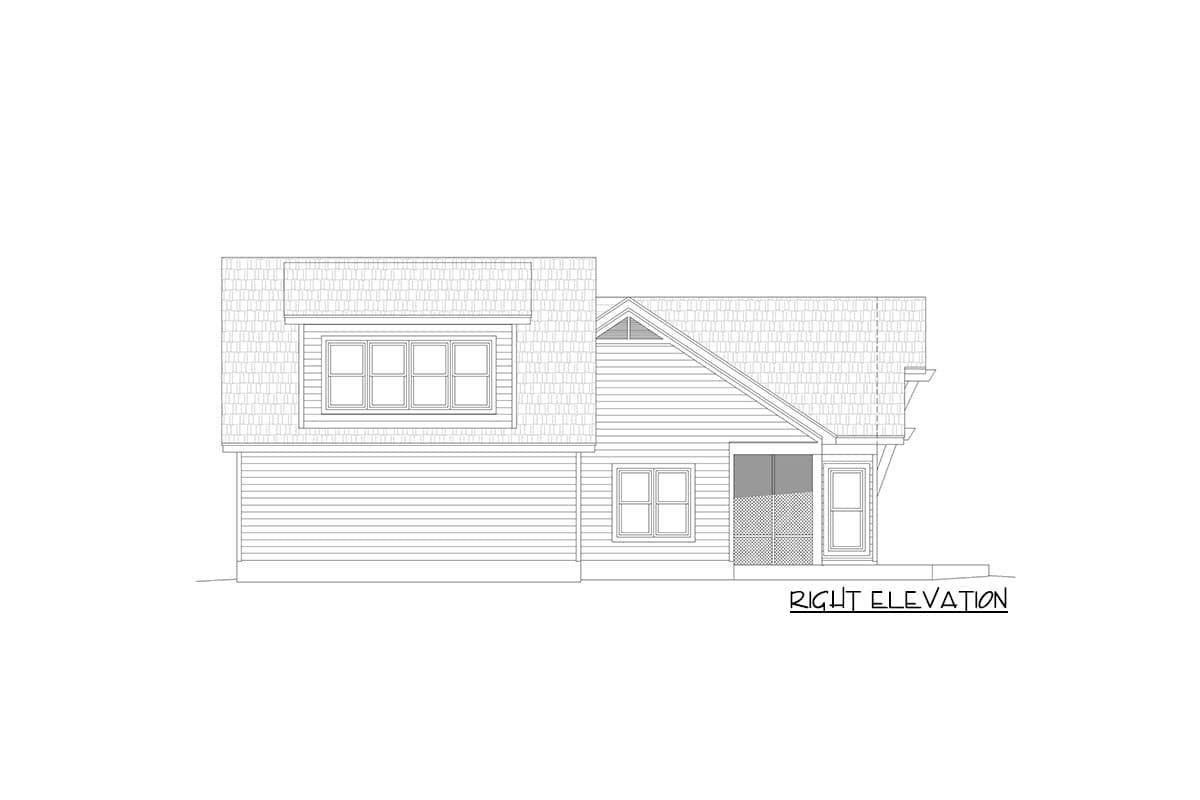Right elevation drawing of a house plan showing a dormer, gabled roof, horizontal siding, and a covered entrance.