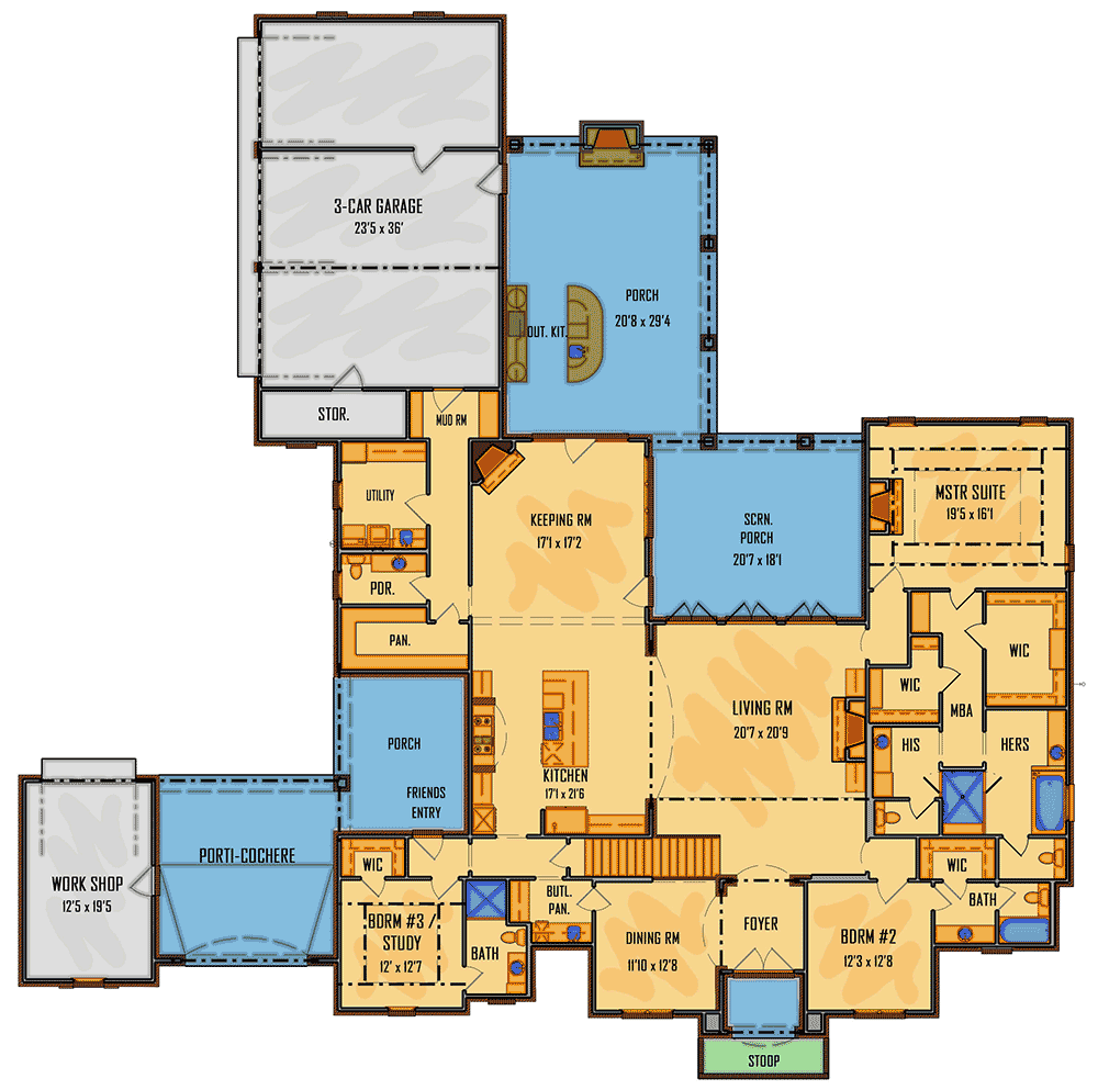 Plan 510091WDY: Spacious Two-story Acadian House Plan with Ample Outdoor Living Space - Floor Plan - Main Level - Acadian, European, French Country, Louisiana-Style, Southern