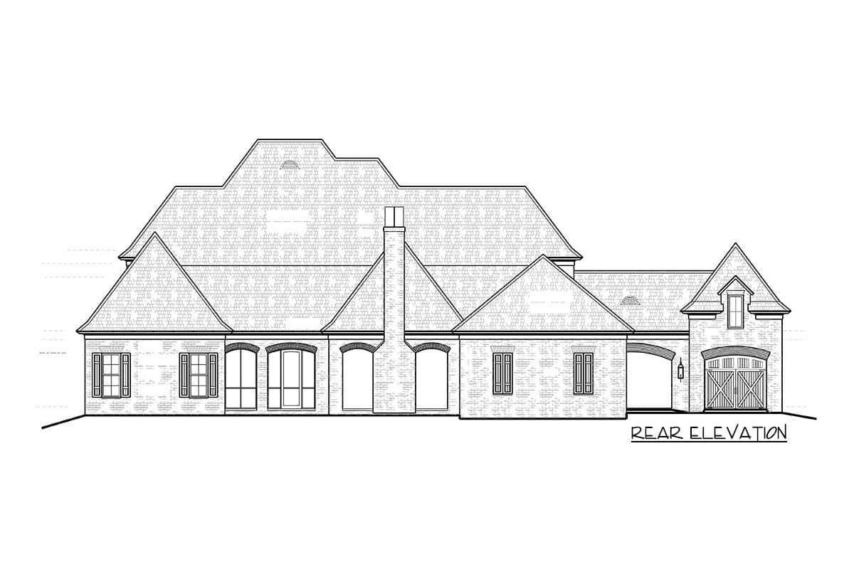Rear elevation house plan with arched windows, a chimney, and a two-car garage with carriage doors.