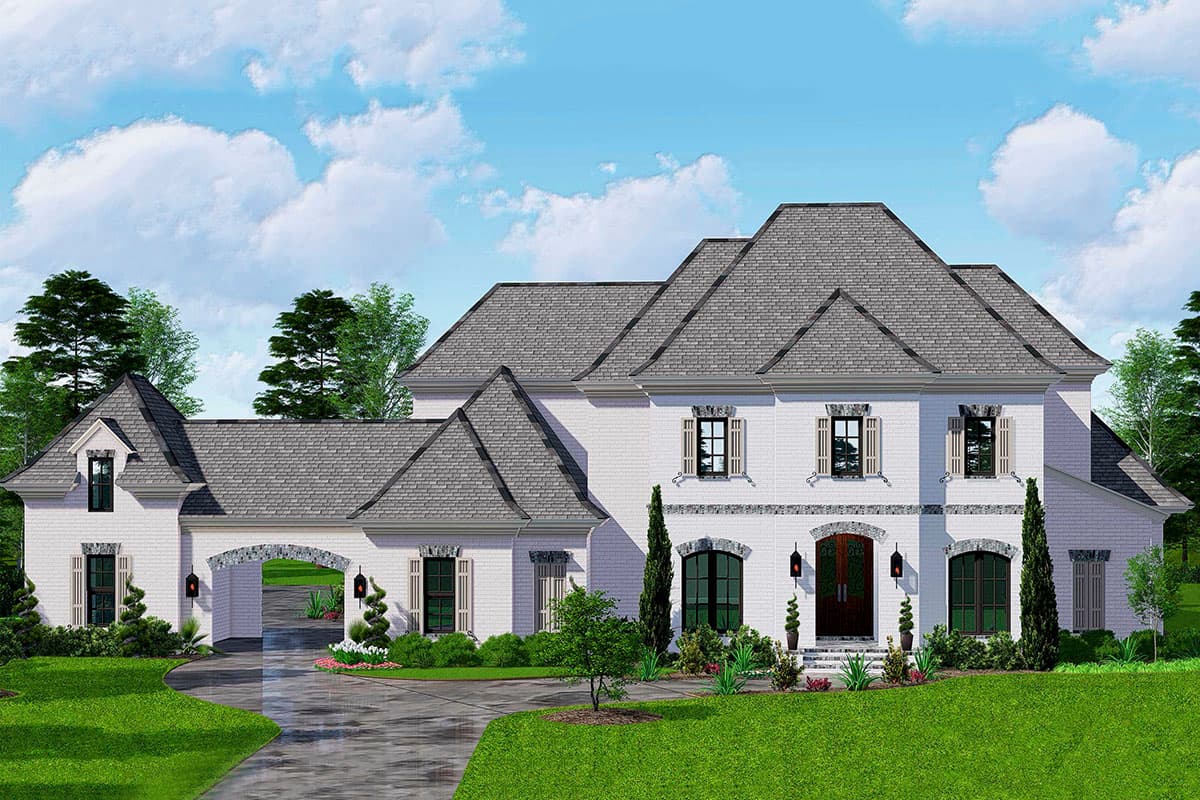 House plan exterior. Two-story, French Provincial style. Features include multiple gabled roofs, arched entryway, and dormers with shuttered windows.