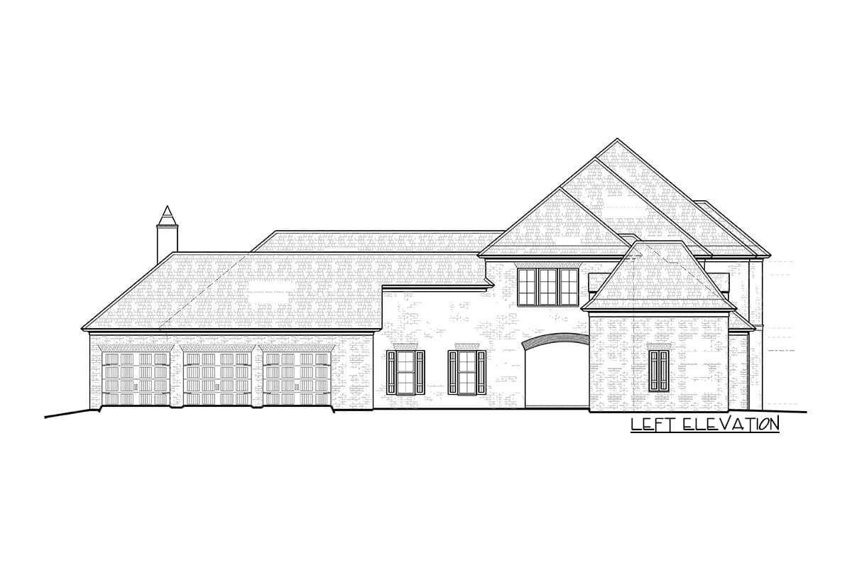 Left elevation house plan showing a brick exterior with a three-car garage, multiple gables, and a prominent arched entrance.