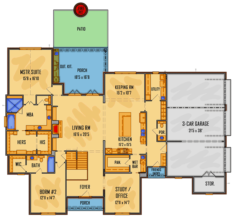 Plan 510092WDY: Two-story Southern House Plan with Home Office - Floor Plan - Main Level - Acadian, European, Georgian, Southern, Traditional, Transitional