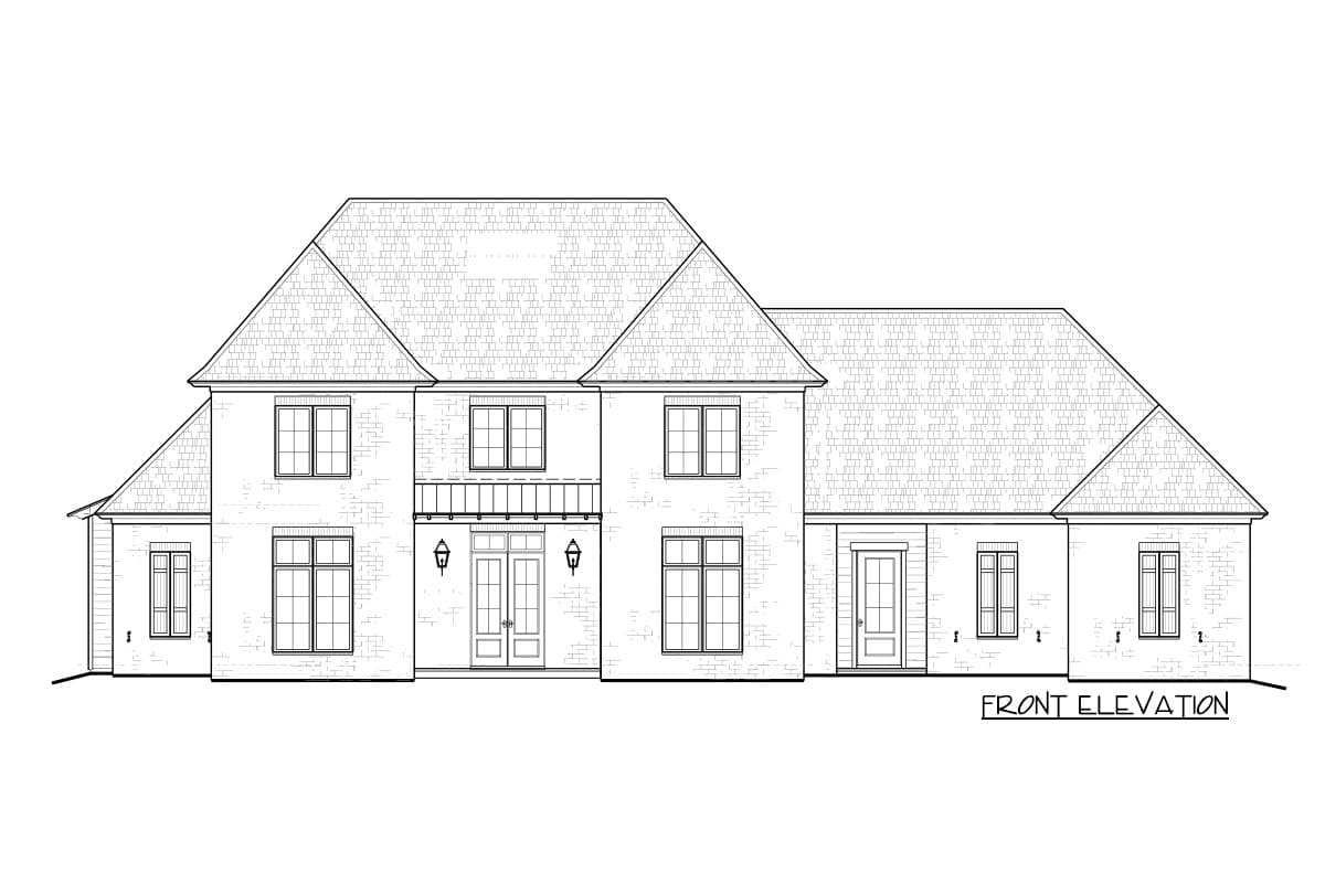 Front elevation drawing of a two-story house with a mansard roof, central entrance with double doors, and multiple windows.