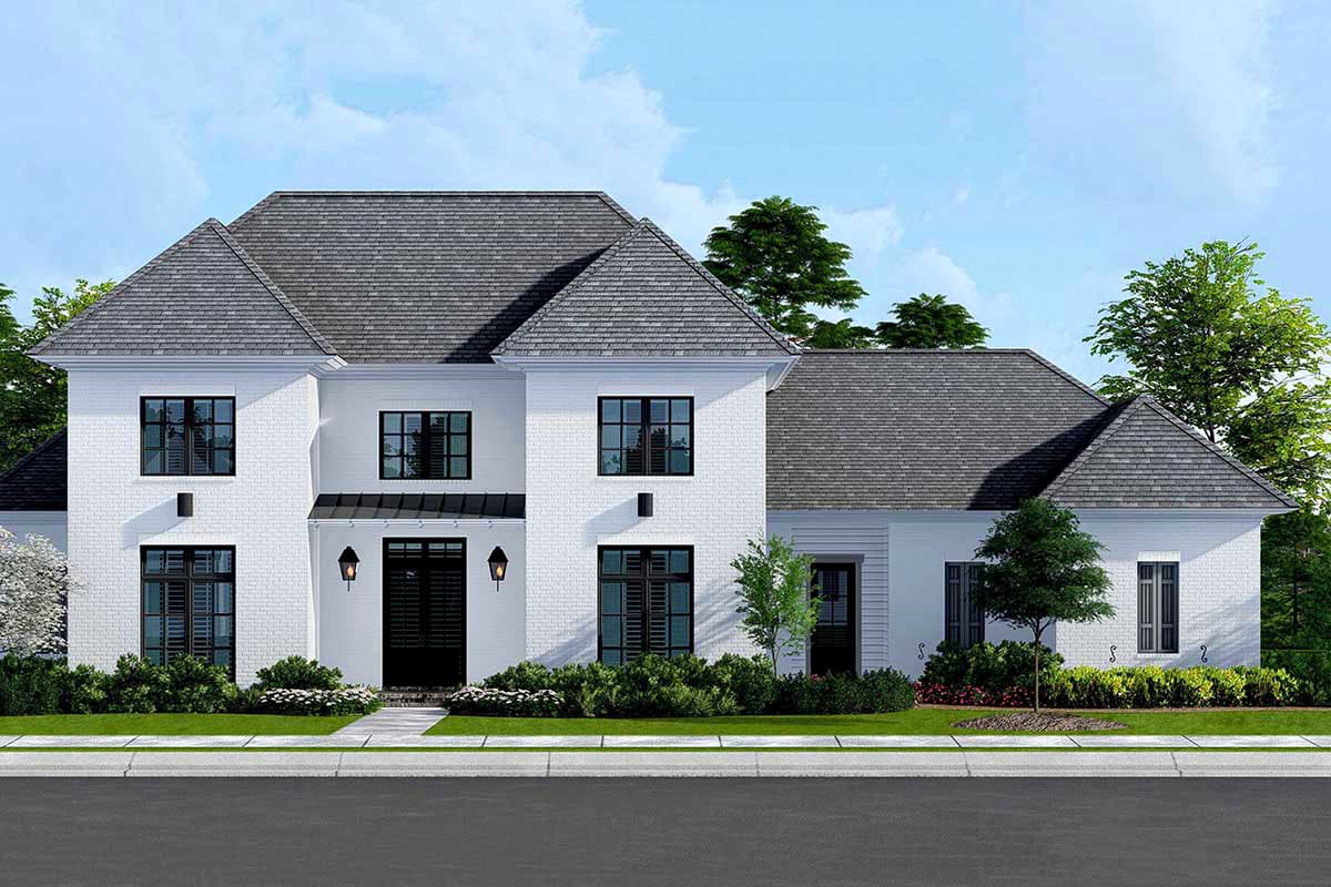 House plan exterior: two-story Modern Farmhouse with white brick, gable roofs, a covered entry porch, and multiple windows.