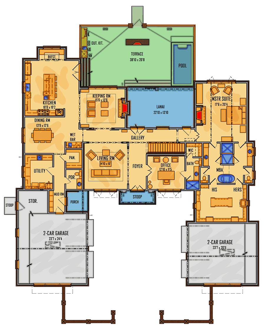 Plan 510093WDY: Private Two-Story House Plan with Large Back Terrace - Floor Plan - Main Level - Acadian, European, Louisiana-Style, Southern