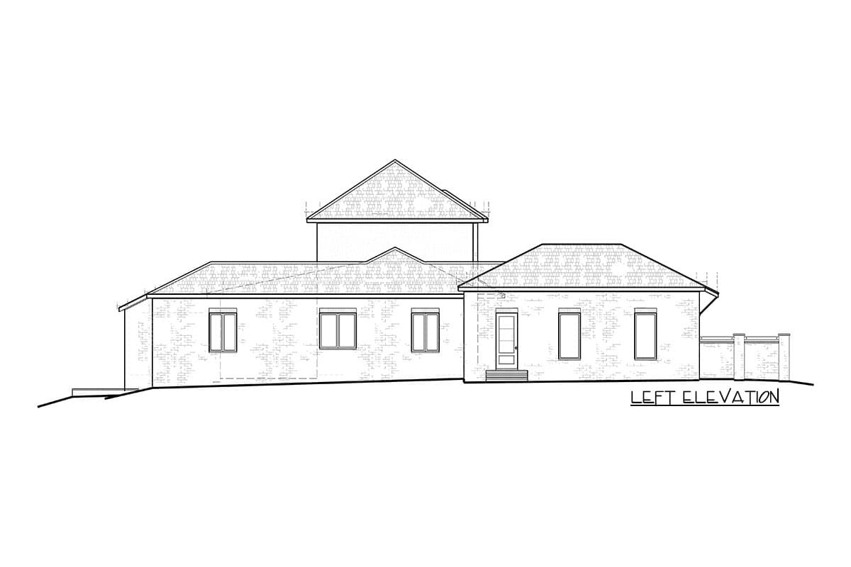 Left elevation house plan drawing shows a single-story home with a prominent gabled roof, multiple windows, and a central entrance.