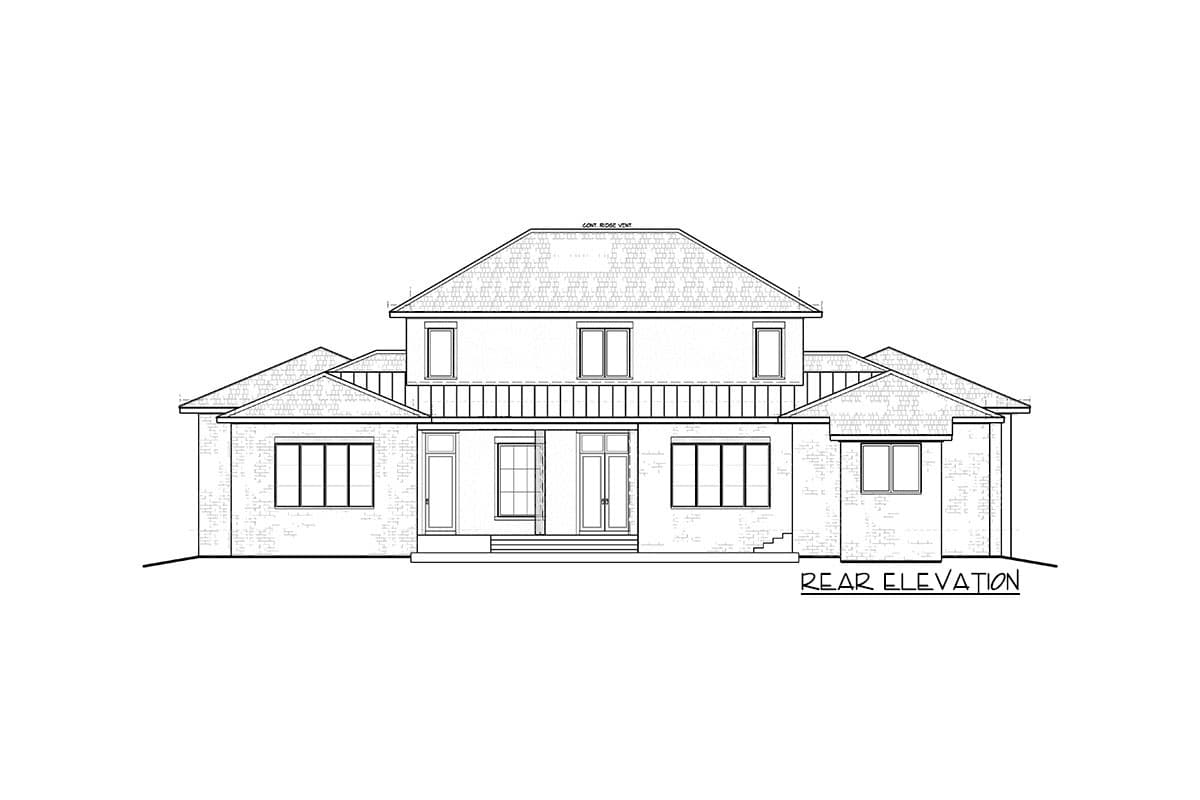 Rear elevation house plan. Two-story home with a hipped roof, multiple gables, and a central covered porch.