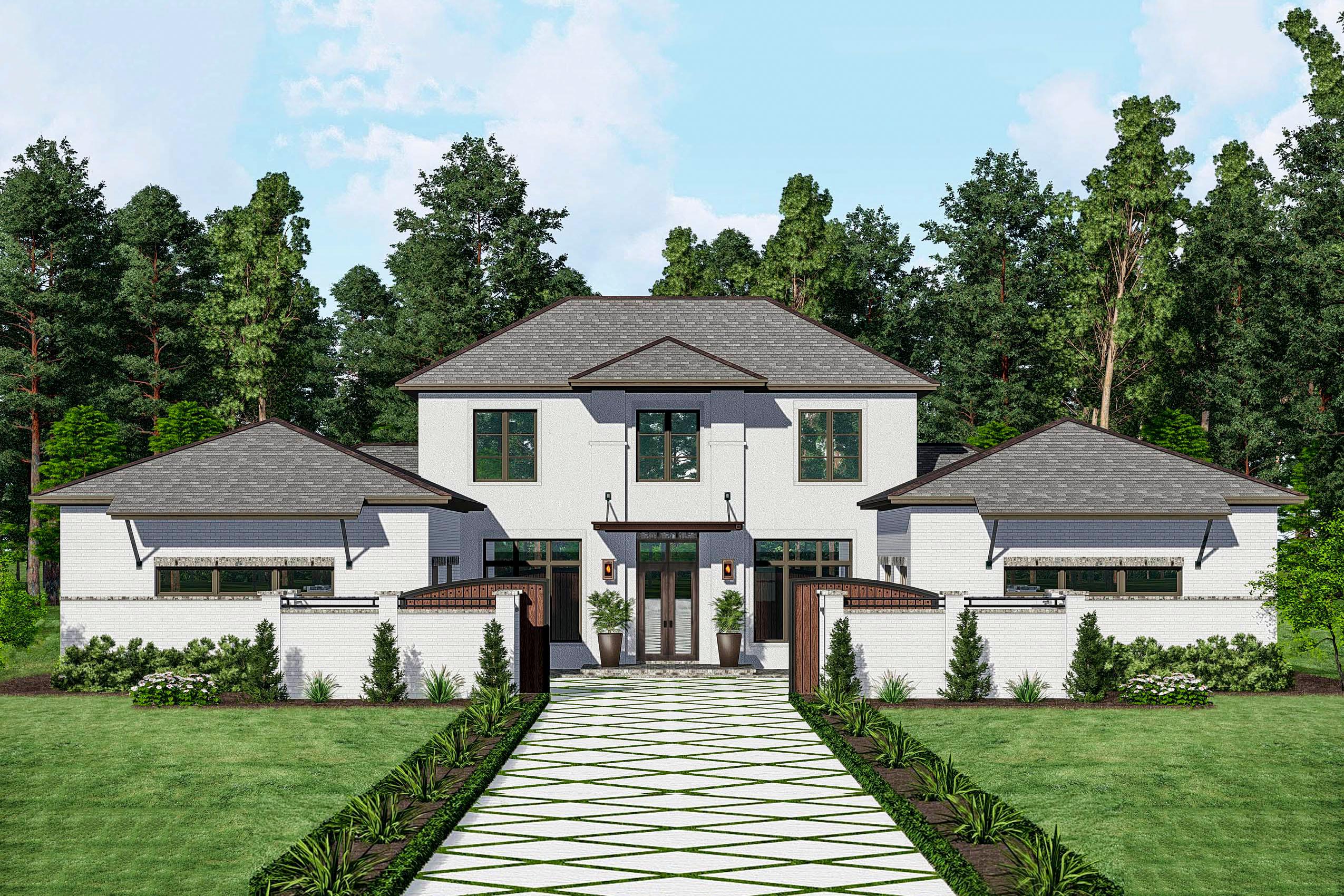 House plan exterior with two stories, a brick facade, gabled roof, and recessed entry. Driveway with geometric pattern leads to the home.
