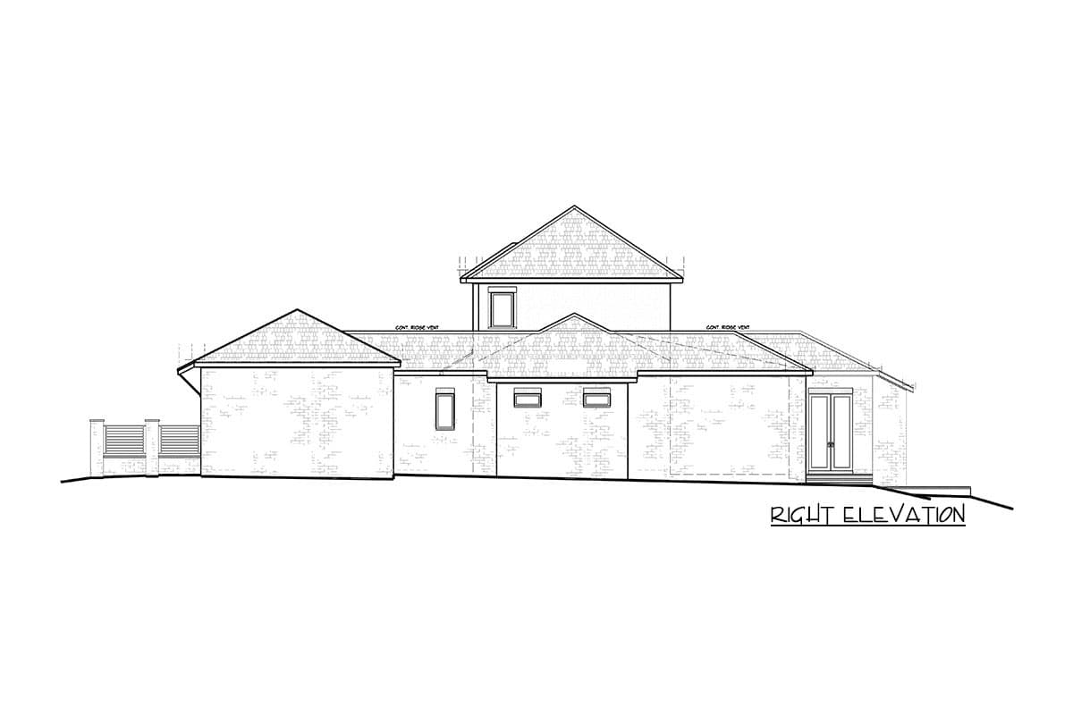 Right elevation house plan drawing of a single-story home with a pitched roof, multiple gables, and a covered entry.