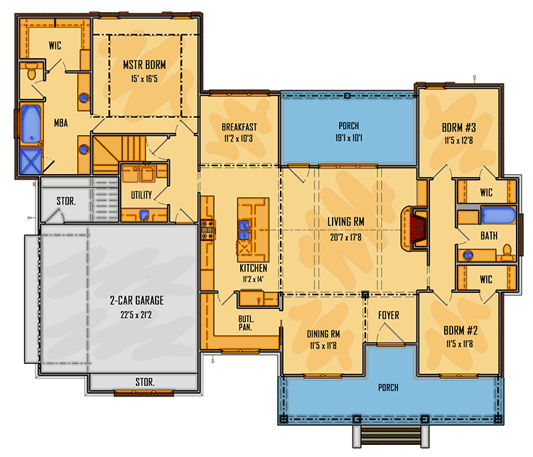 Plan 510094WDY: 3-Bed Modern Farmhouse Plan with Walk-Through Pantry and Bonus Room - Floor Plan - Main Level - Country, Farmhouse, Modern Farmhouse, New American