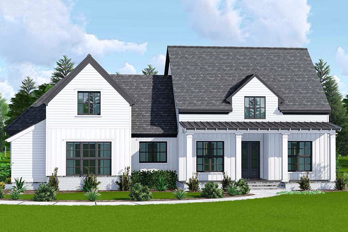 House plan exterior. Two-story Modern Farmhouse with gables, a covered porch, and a combination of vertical and horizontal siding.