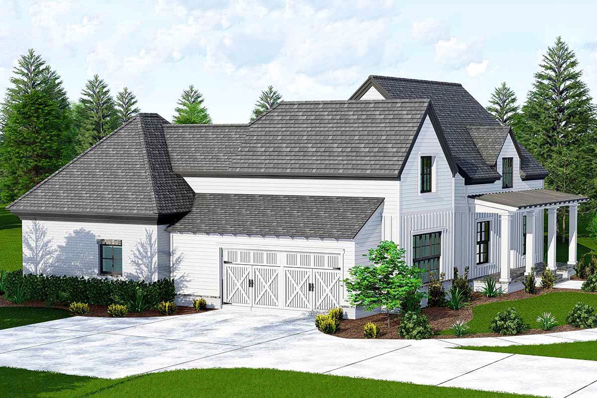 Modern Farmhouse house plan exterior with a two-car garage, gables, and a covered front porch.