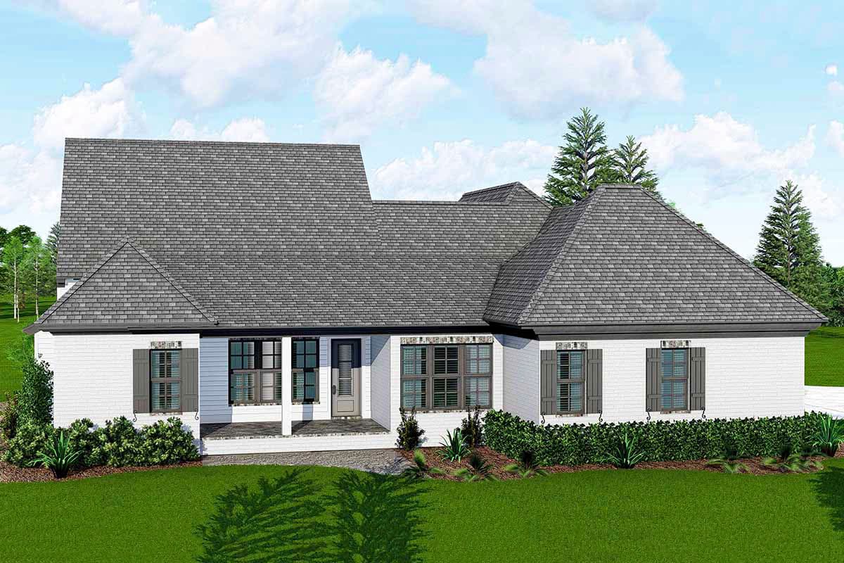 House plan exterior, one story, white brick, covered front porch, multiple gables and dormers.