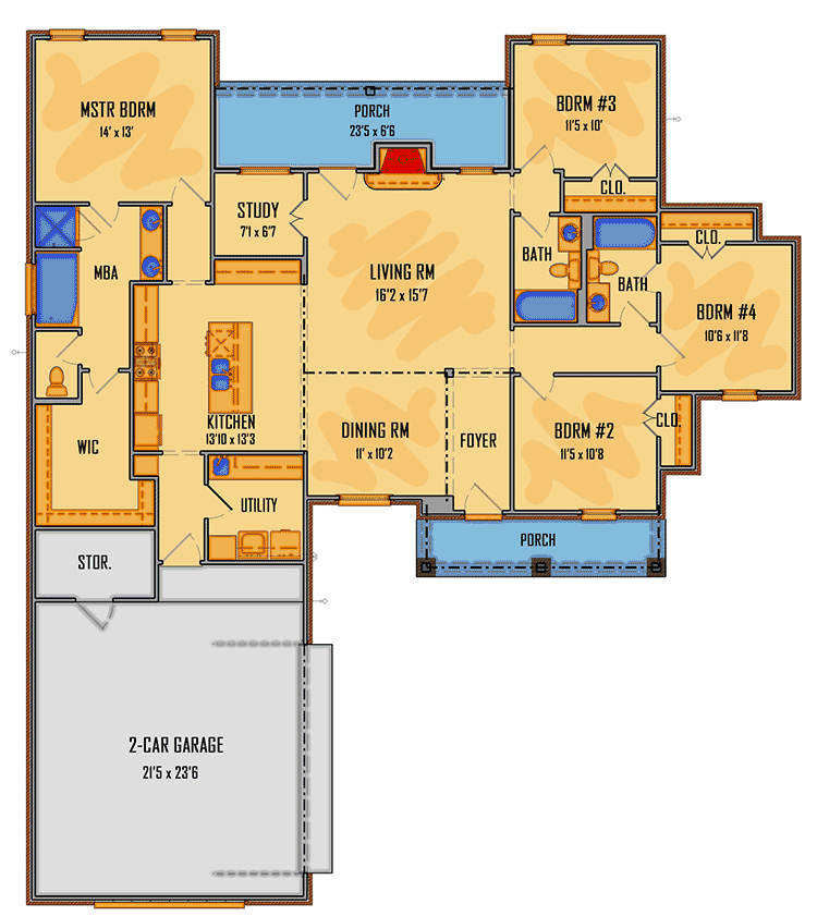 Plan 510095WDY: 4-Bed Southern House Plan with Open Layout - Floor Plan - Main Level - Acadian, French Country, Louisiana-Style, Southern