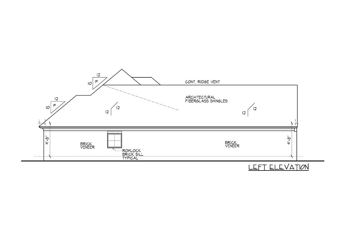Left elevation of house plan showing brick veneer, architectural fiberglass shingles, and complex rooflines with varying pitches.