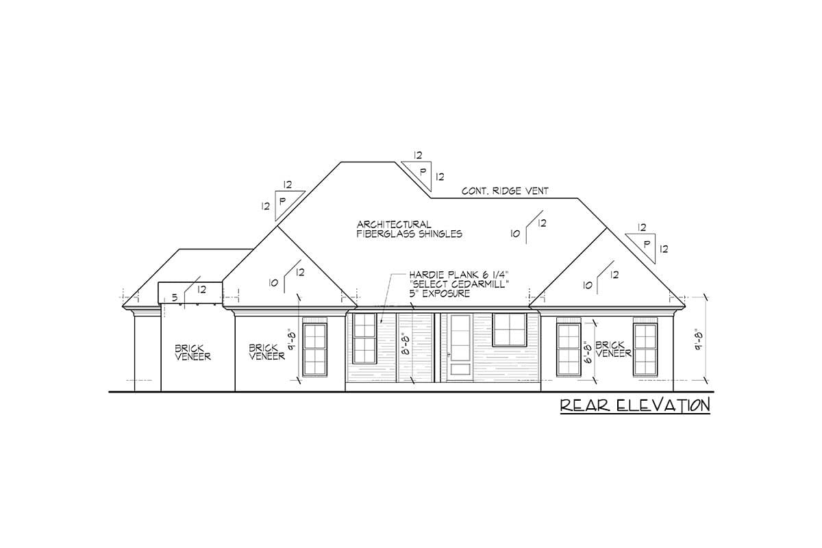 Rear elevation drawing of house plan with brick veneer, hardie plank siding, and architectural fiberglass shingles.