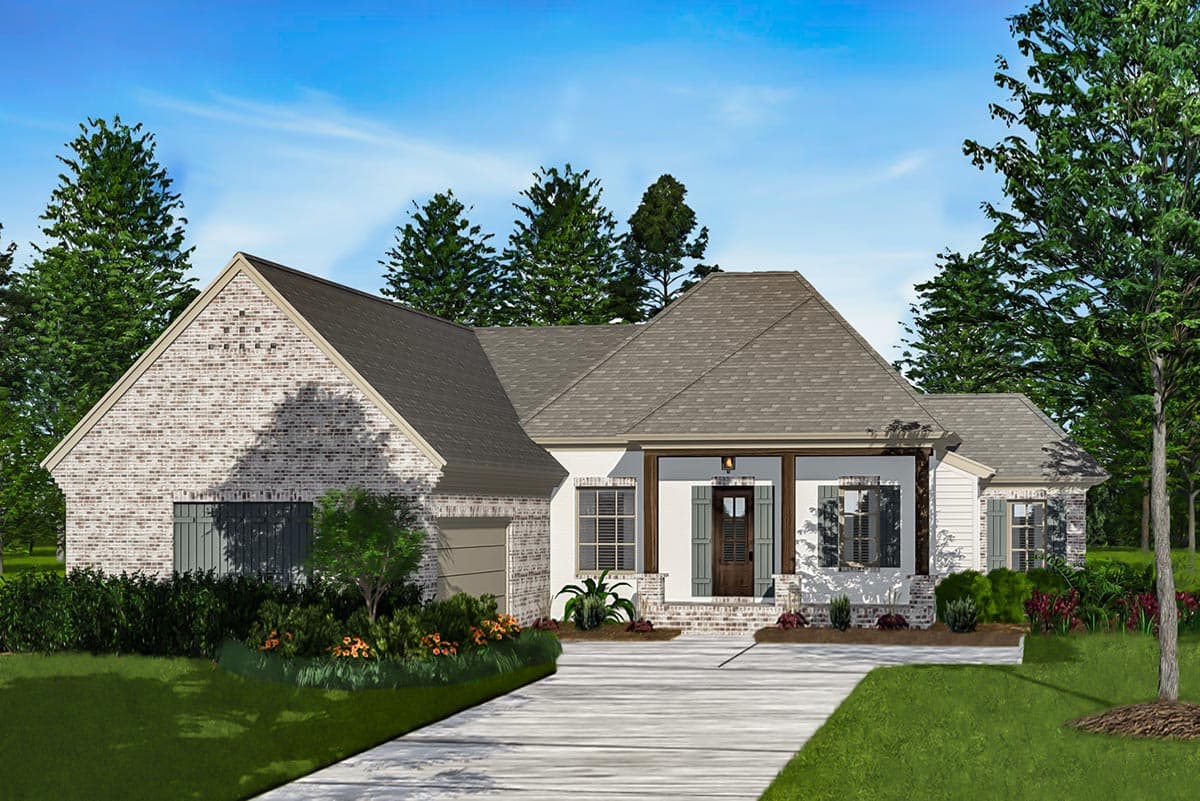House plan exterior. A one-story house with a brick and stucco facade, a porch, and a side-entry garage. Features multiple gables and a hipped roof.