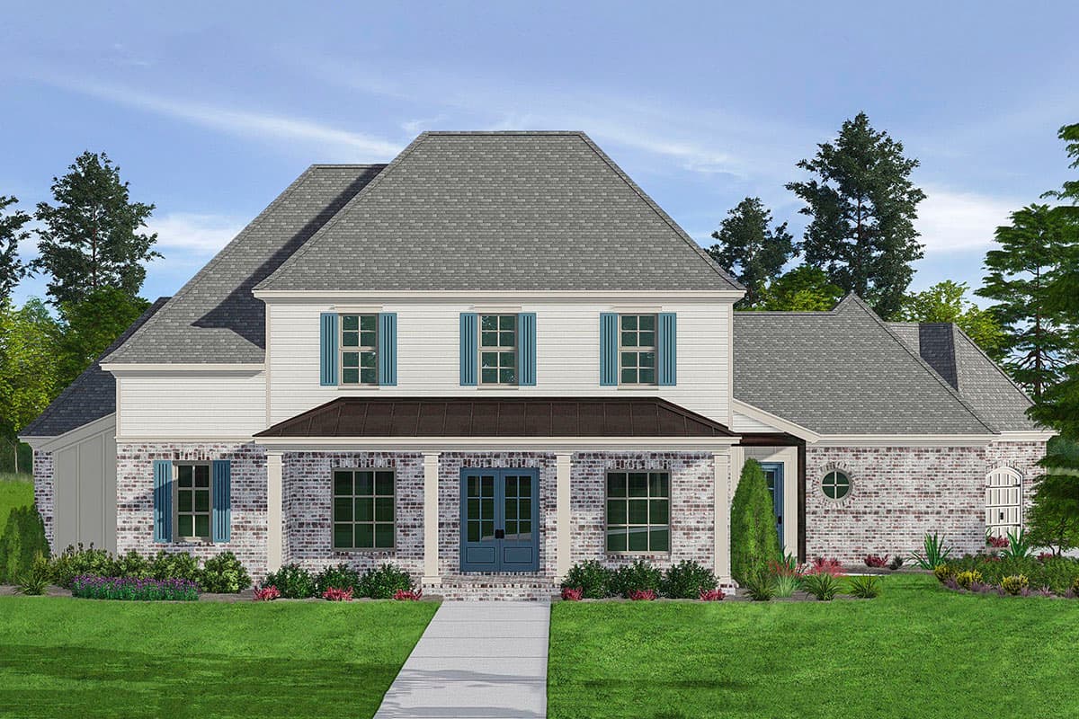 House plan exterior. Two-story Colonial with gabled roof, brick facade, covered porch, and blue shutters. Features include side-entry garage.