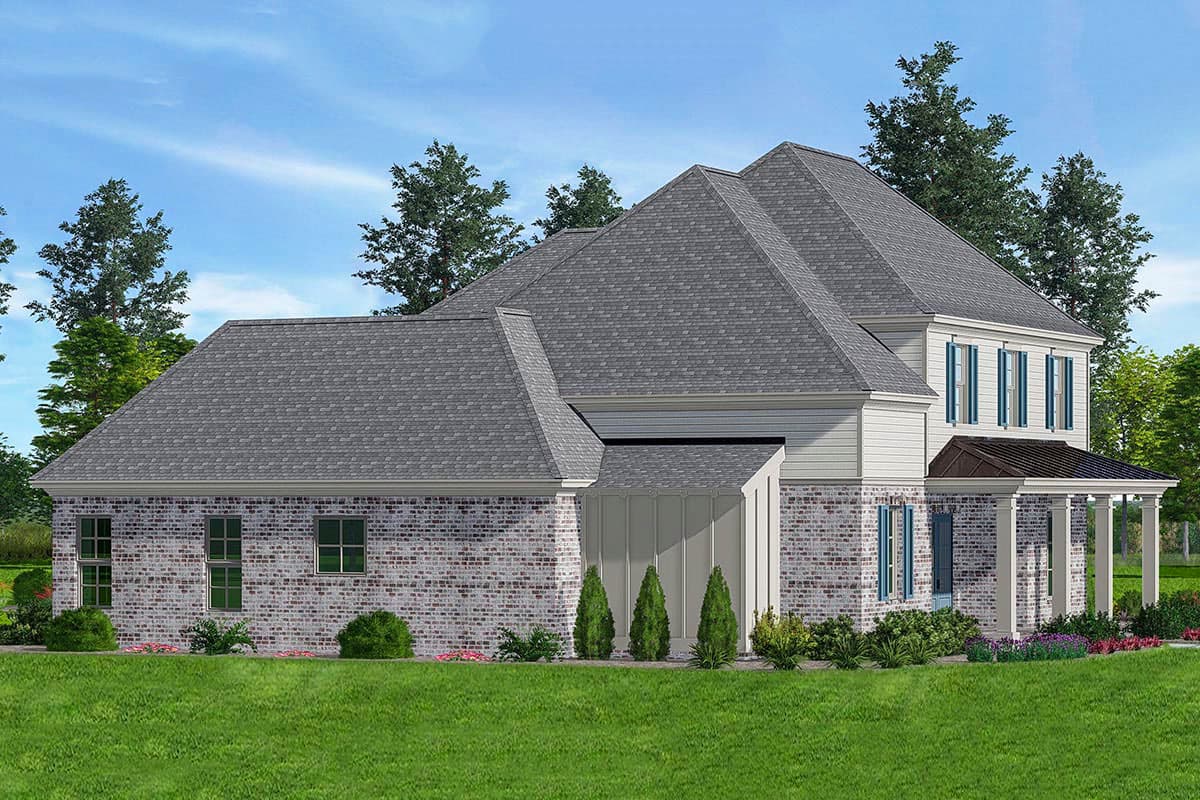 House plan exterior view: Two-story home with brick and siding, prominent gables, and a covered front porch supported by columns.