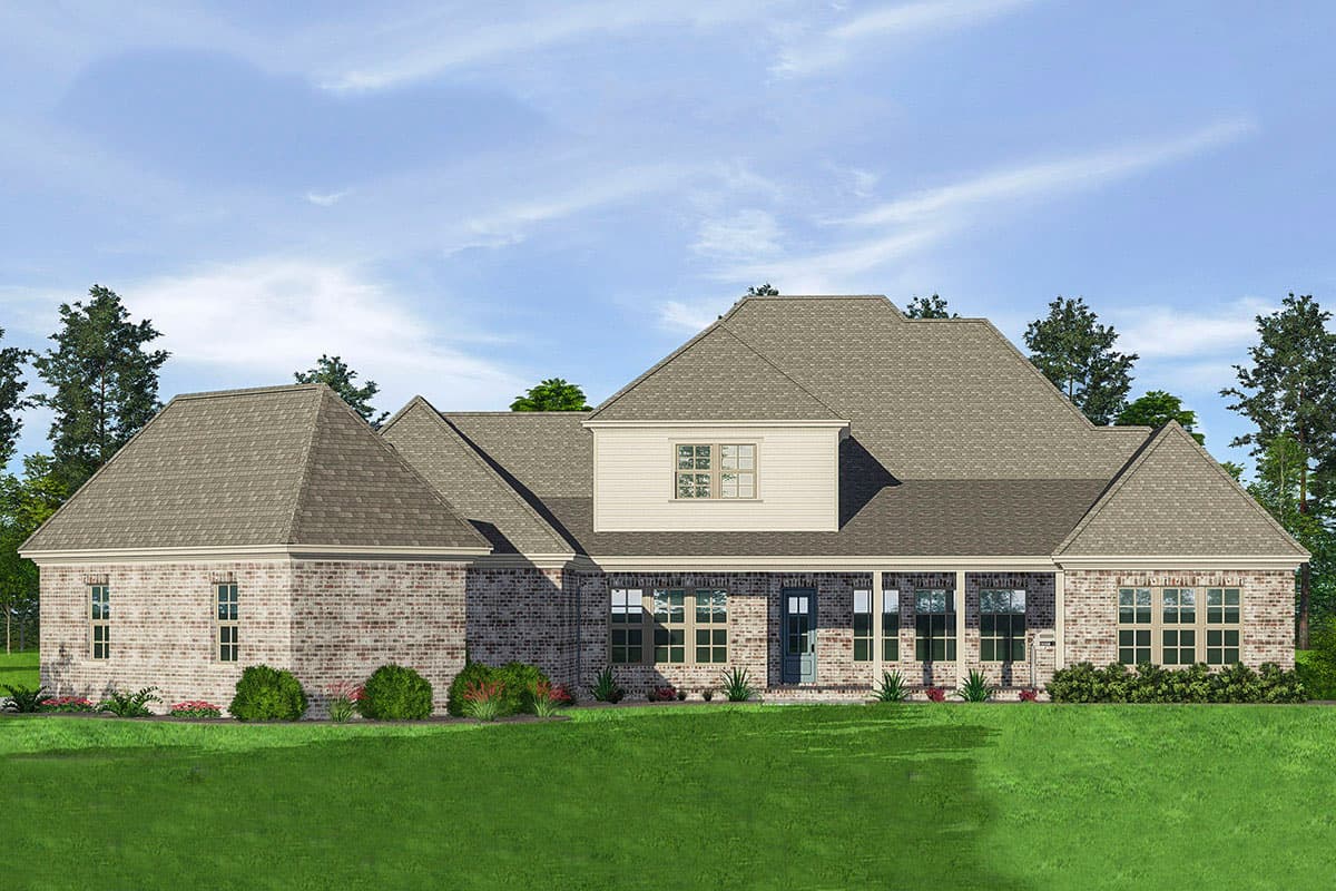 House plan exterior view of a brick home with a prominent gabled roof, covered porch, and multiple windows.
