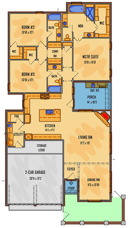 Plan 510099WDY: 3-Bed Acadian Cottage Home Plan with Semi-Private Courtyard - Floor Plan - Main Level - Acadian, Louisiana-Style, Southern, Southern Traditional