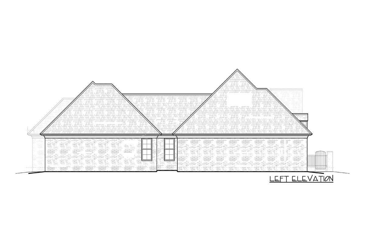 Left elevation house plan shows a single-story brick structure with a complex roofline featuring multiple gables and dormers.