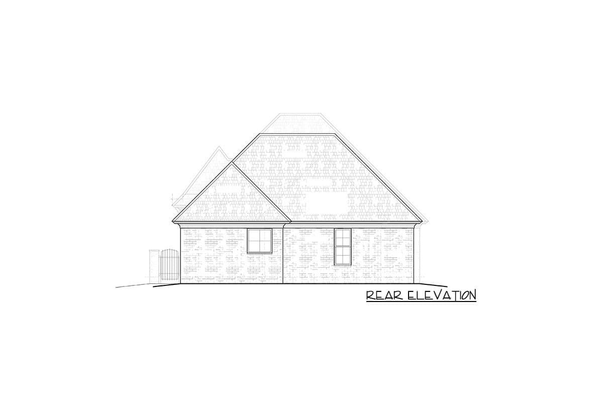 Rear elevation drawing of a house plan showing brick facade, two windows, and a hip roof.