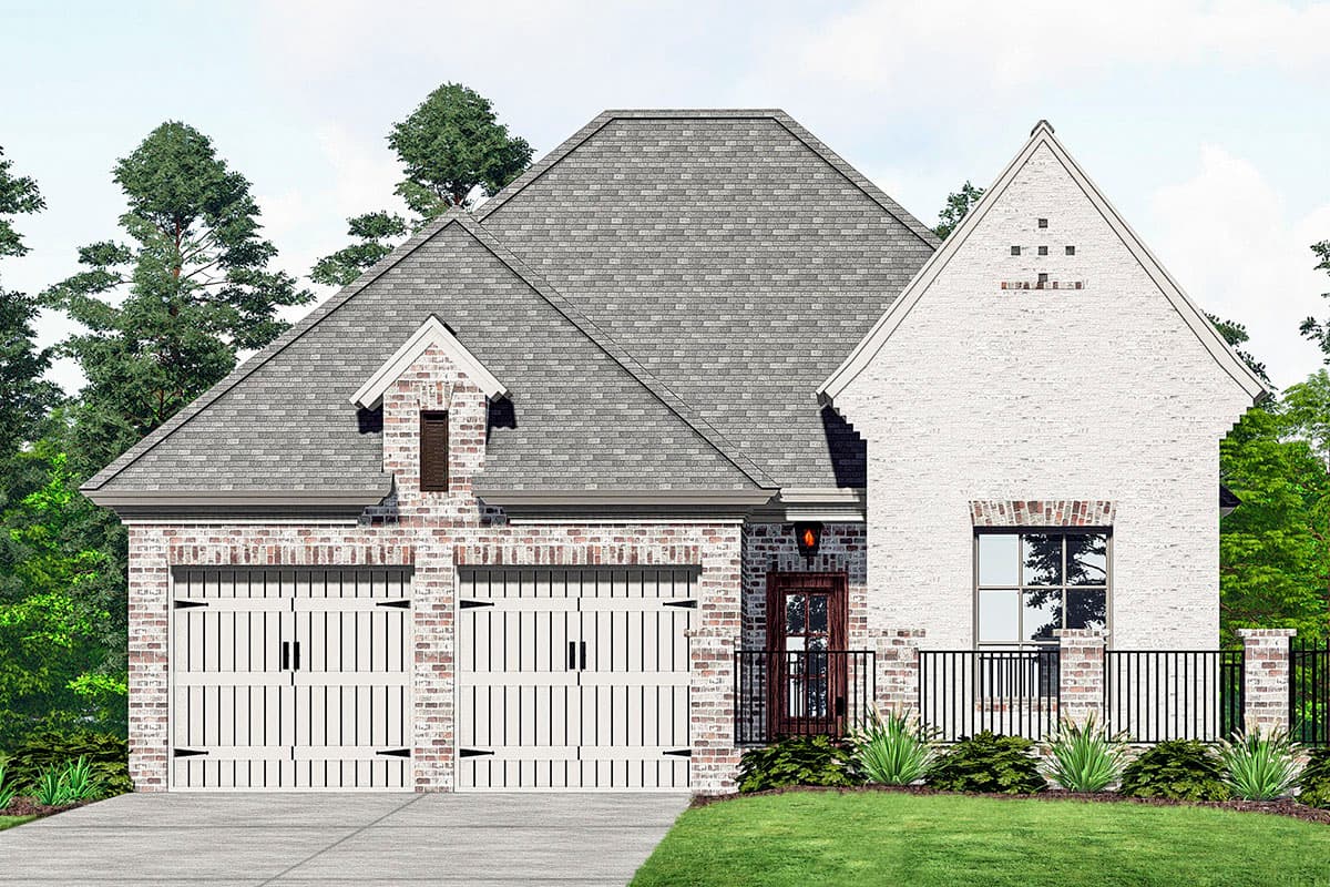 House plan exterior with brick and white siding, two-car garage, multiple gables, and a front porch area with black iron railing.