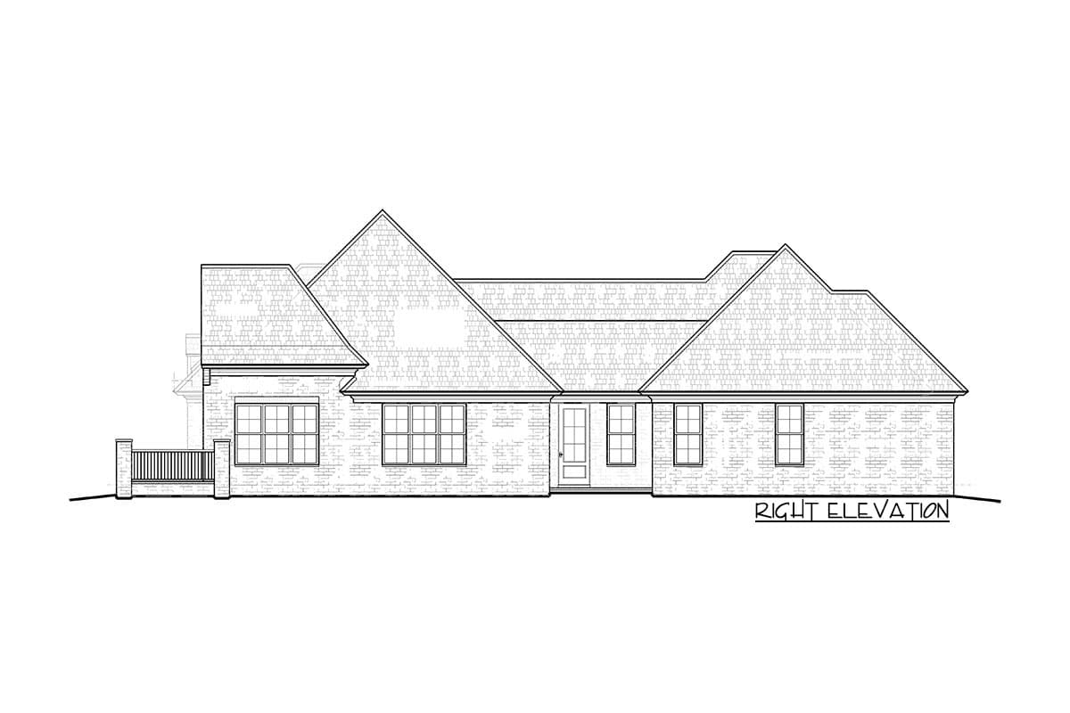 House plan right elevation drawing. One story, brick exterior with multiple gables, a covered porch, and numerous windows.