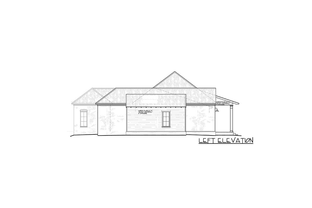 Left elevation house plan showing a single-story structure with varied rooflines, a gabled dormer, and a covered porch.
