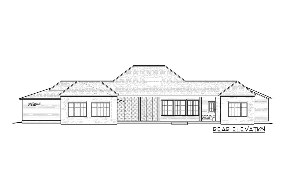 Rear elevation drawing of a one-story house plan with varied rooflines, multiple windows, and brick and siding exterior details.