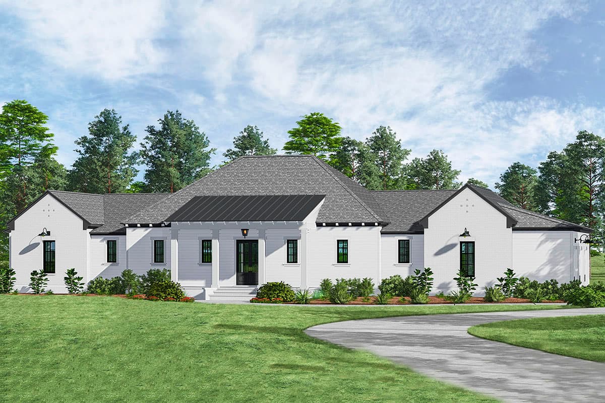 House plan exterior with white brick facade, dark metal roof, and gabled roofline. Features a covered front porch and multi-pane windows.