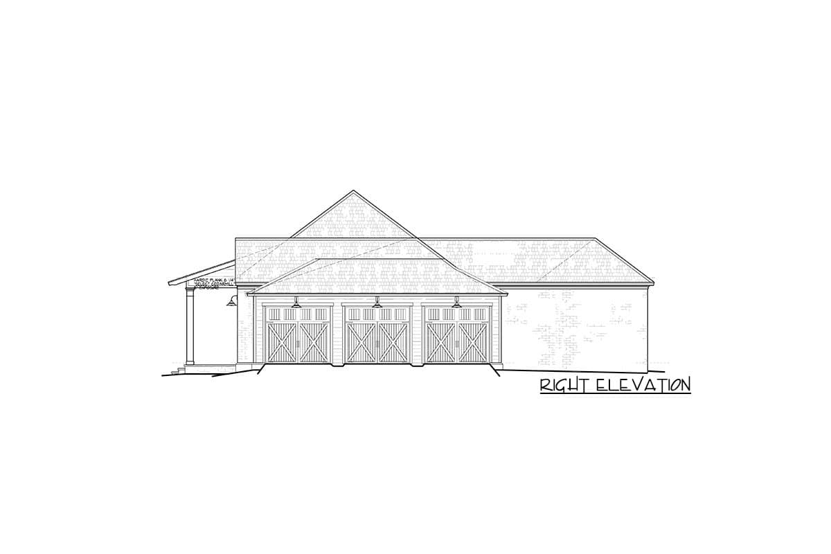 Right elevation drawing of a house plan showing a three-car garage with x-paneled doors and a hip roof.
