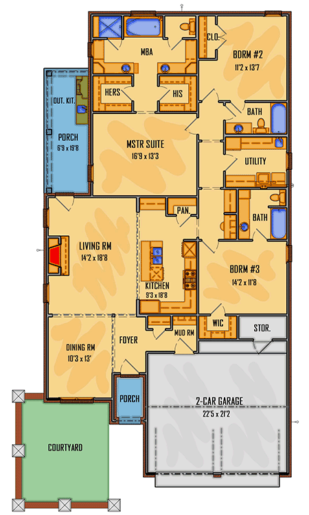 Plan 510104WDY: 3-Bed Acadian House Plan with Semi-Private Courtyard Welcome - Floor Plan - Main Level - Acadian, Louisiana-Style, Southern