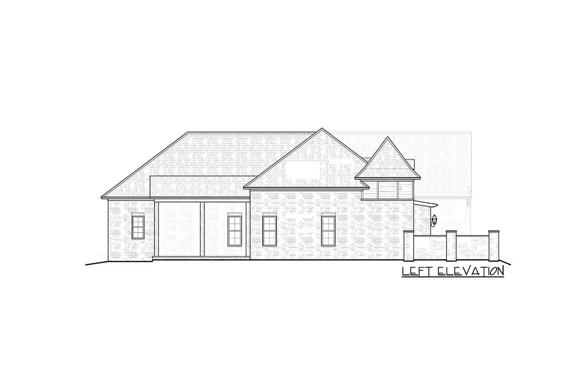 Left elevation house plan drawing of a one-story brick house with a covered porch and multi-level rooflines.