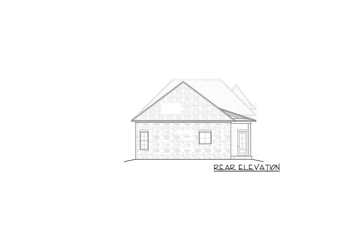 Rear elevation drawing of a one-story house with two windows and a door, showing a gabled roofline.