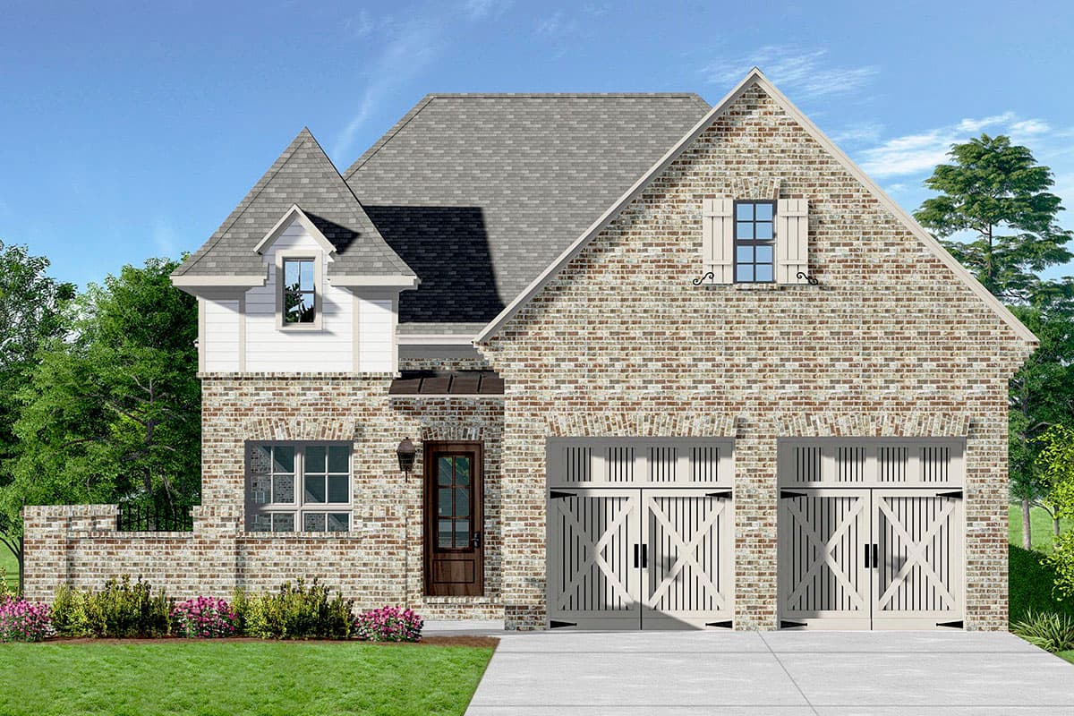 House plan exterior. Two-story home with brick facade, front-facing garage, gabled roof, and dormer window. Features include shutters and a porch.