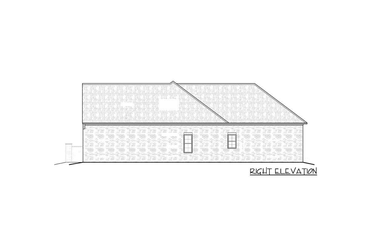 House plan right elevation drawing showing brick exterior, single story, and two windows.