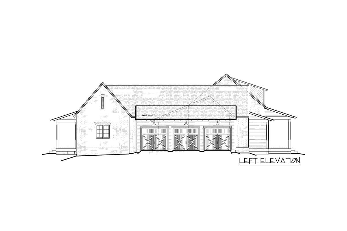 Left elevation drawing of a house plan showing a gabled brick section, three garage doors, and a porch.