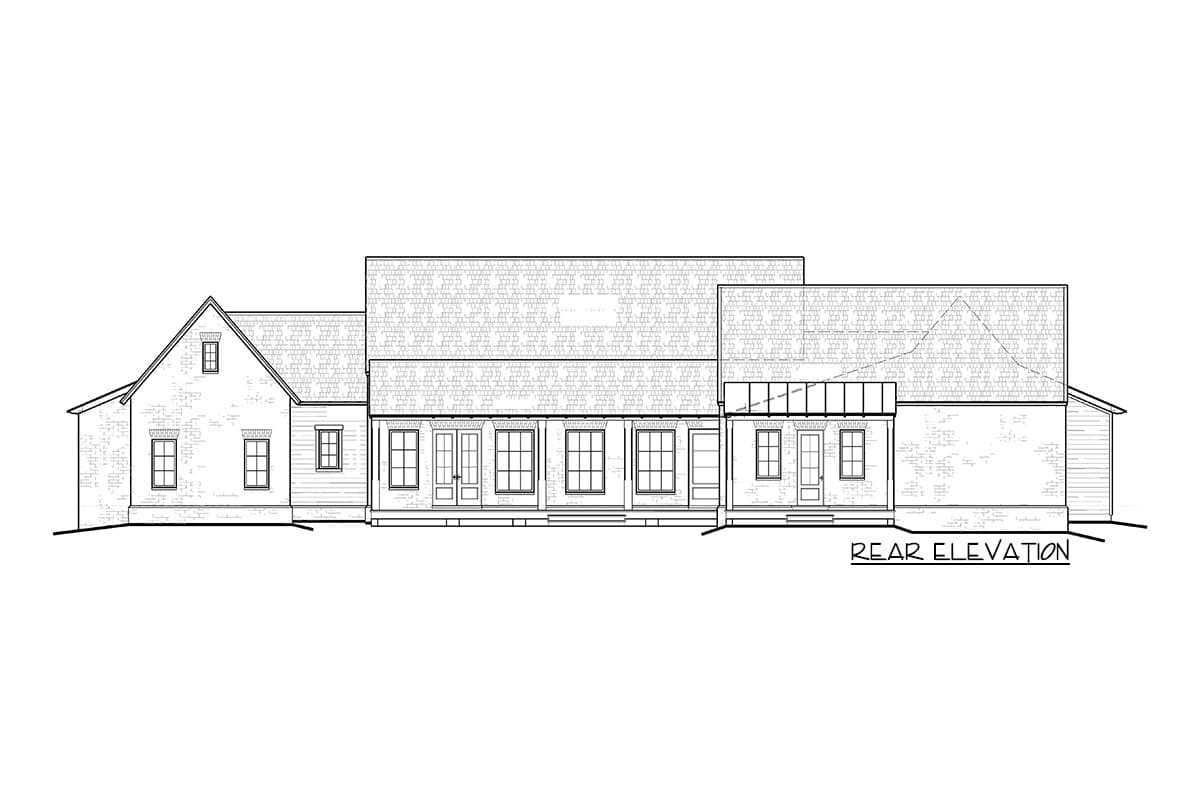 Rear elevation drawing of a single-story house plan with a gable roof, covered porch, and numerous windows.