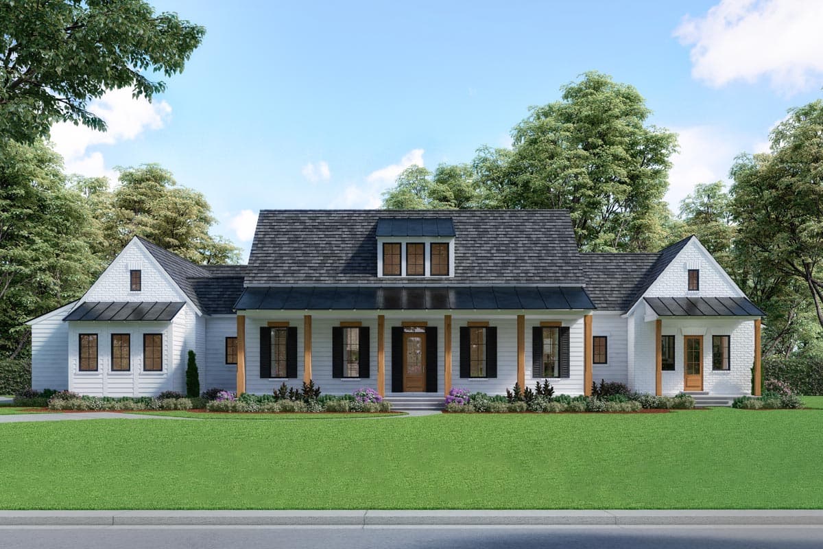House plan exterior. Modern Farmhouse style with a single story, a covered porch, gabled rooflines, and dormers.