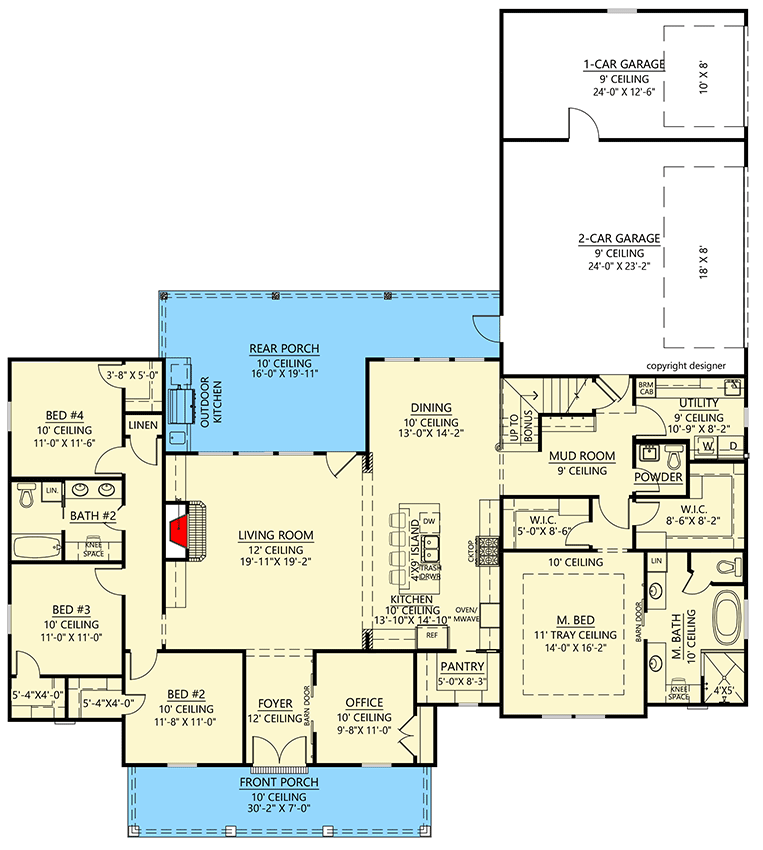 Plan 56444SM: Flexible Farmhouse with Outdoor Grilling Porch and Optional Bonus Room - 2546 Sq Ft - Floor Plan - Main Level - Country, Farmhouse, Modern Farmhouse, New American, Southern