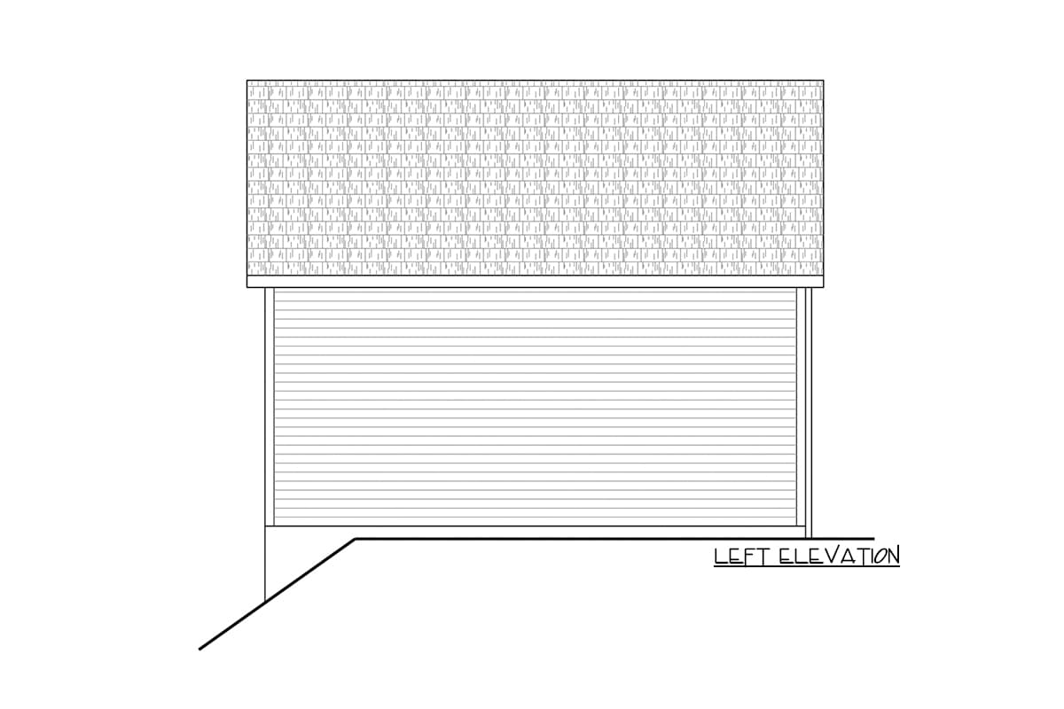 Left elevation drawing of a house with a horizontal siding exterior and pitched roof.