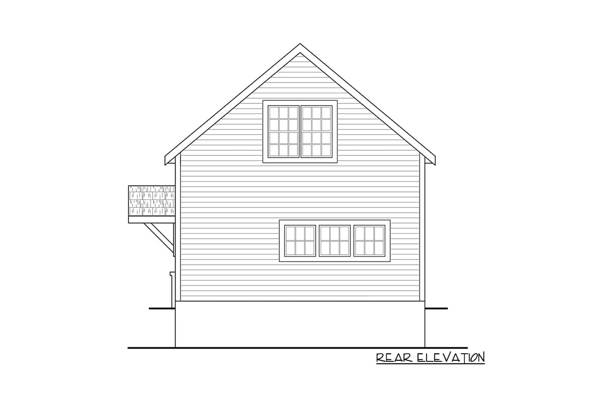 Rear elevation house plan: two stories, gabled roof, deck, and double-hung windows.