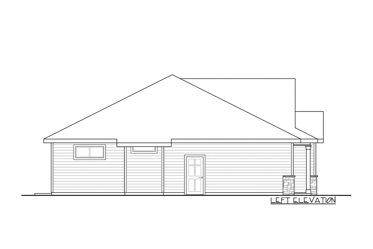Left elevation of a house plan featuring horizontal siding, a pitched roof, a single door, and a covered entry with stone-clad columns.