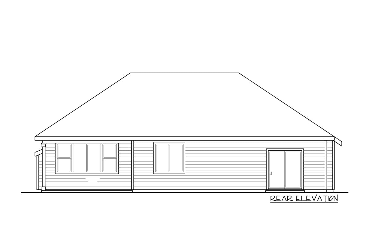 Rear elevation drawing of a single-story house with a hipped roof, multiple windows, and sliding doors.