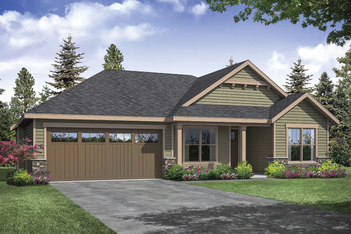 Craftsman style house plan exterior with a single story, front-facing garage, gables, and a covered porch. Siding is vertical and horizontal.