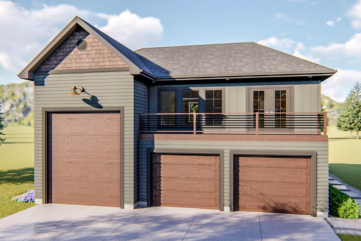 House plan exterior with two-story design. Features include a gable roof, three-car garage, and a second-story balcony with metal railing.